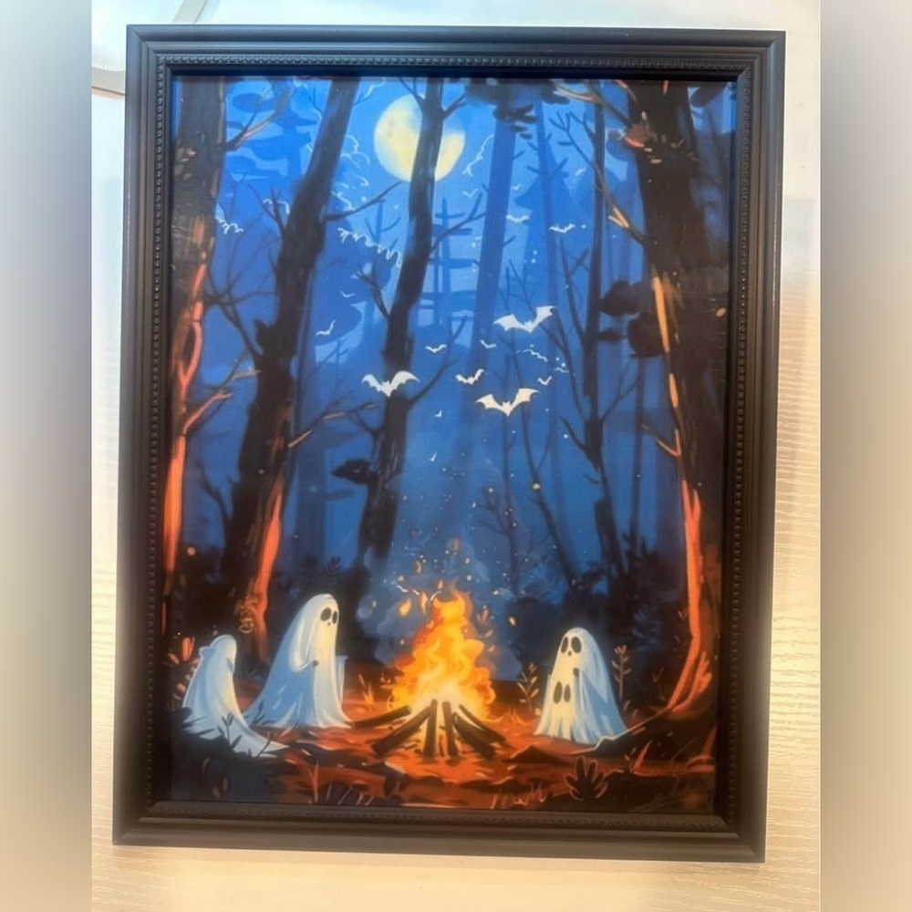 Cute Camping Ghosts | Vintage Oil Painting | Cottagecore Artwork | Framed 8x10"